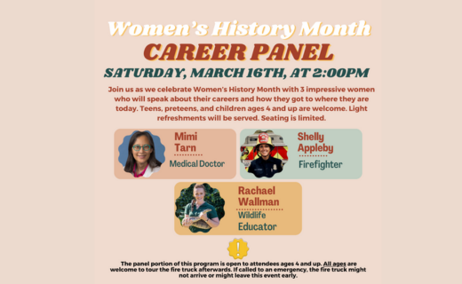 A poster for a Women's History Month career panel featuring three women from different professions.