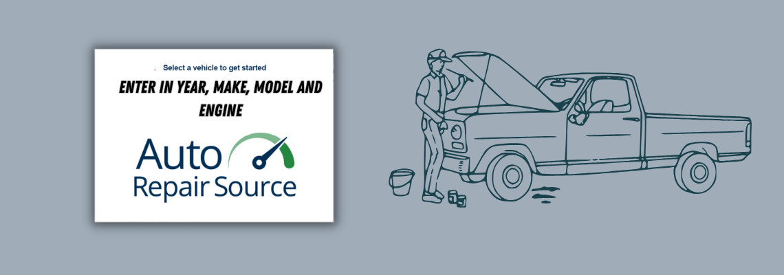 Auto repair guidance: "Enter year, make, model, engine." Man fixing pickup truck.