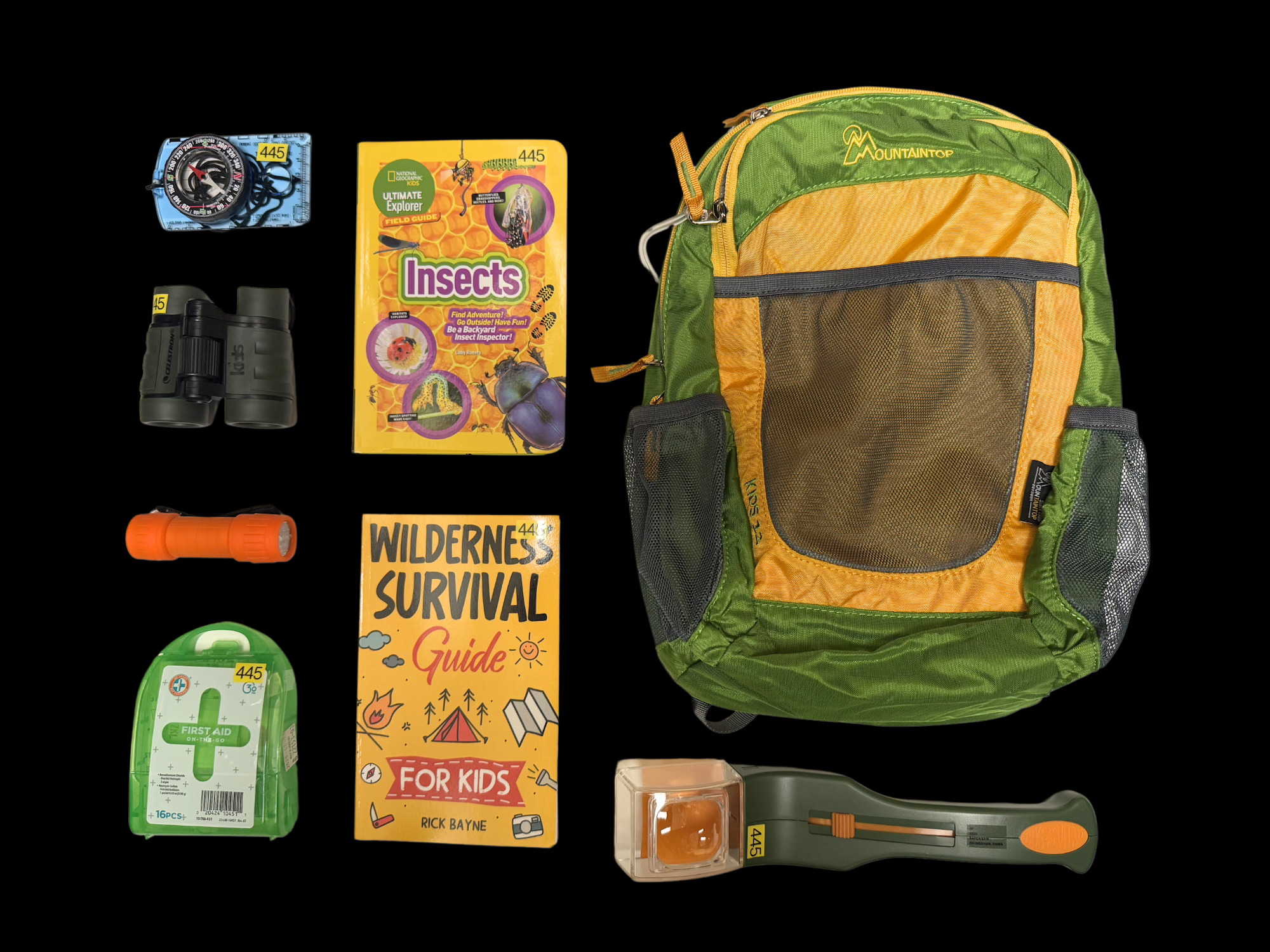 A backpack with a compass, binoculars, insect guide, flashlight, first aid kit, wilderness survival book, and bug viewer.