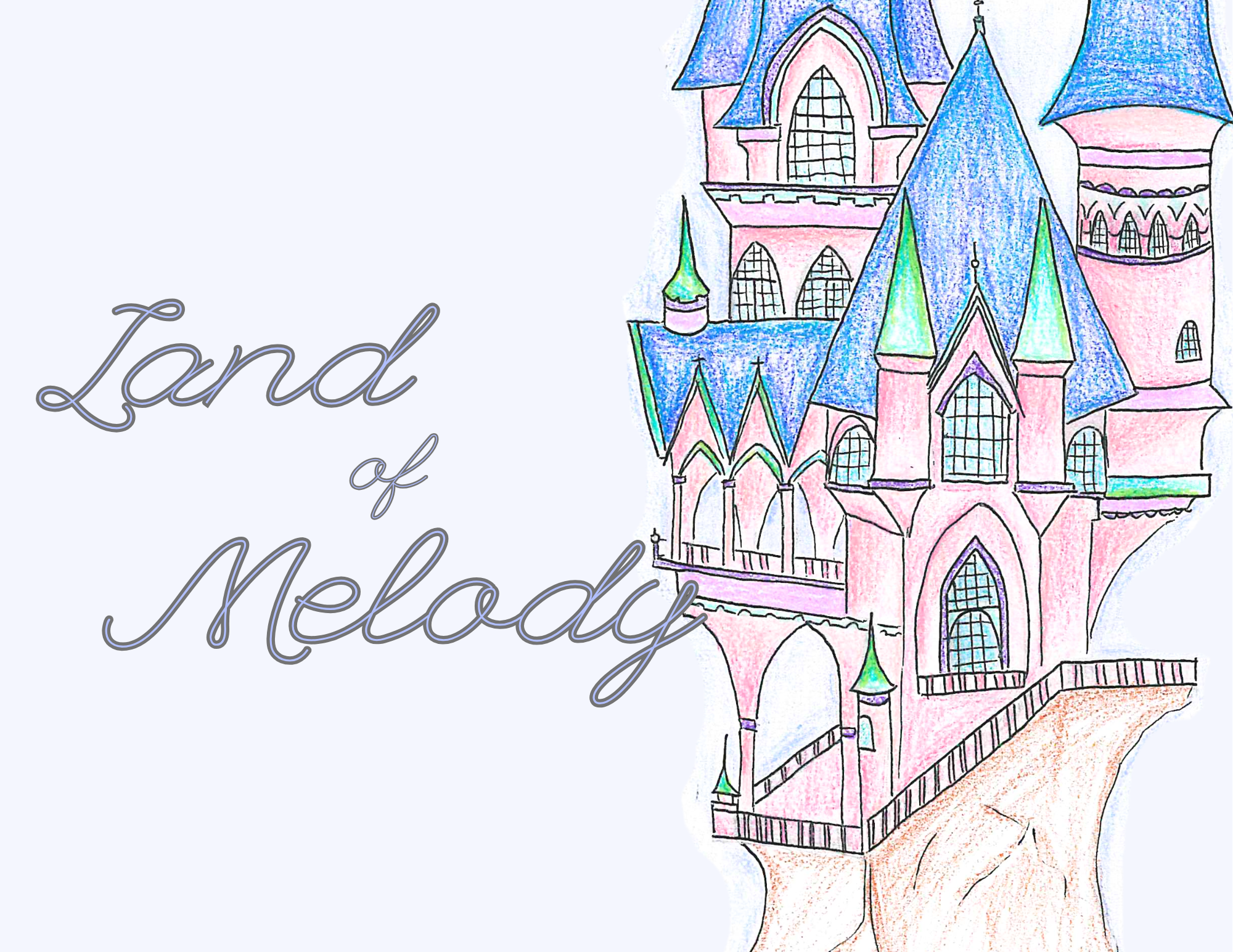 Colorful castle illustration with text "Land of Melody" on the left.