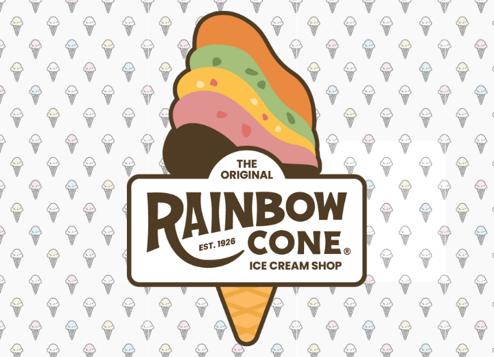 Logo for "The Original Rainbow Cone" and a colorful ice cream cone background.