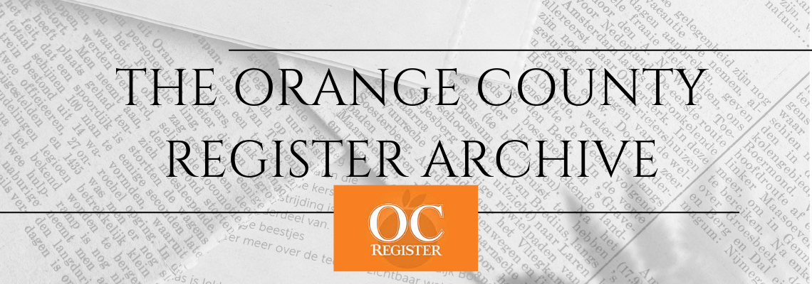 The image features the title "The Orange County Register Archive" with a logo and background of newspaper text.