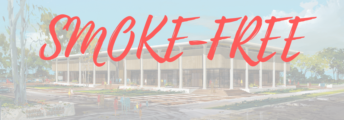 Artistic rendering of library building with words "Smoke-Free" printed across the image.