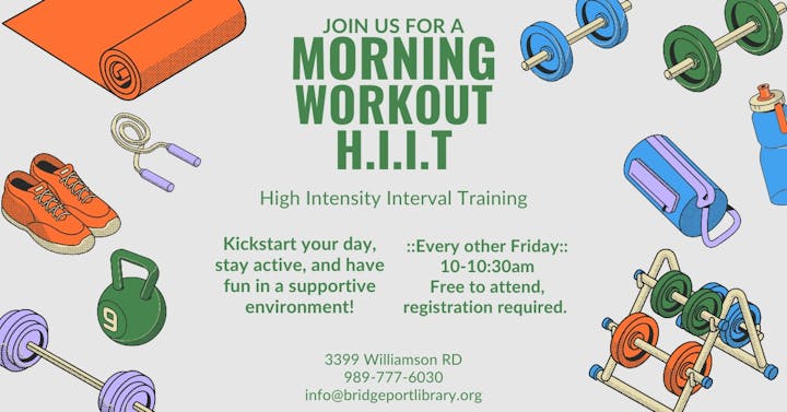 Join a free morning HIIT workout every other Friday from 10-10:30 AM at 3399 Williamson RD. Registration required!