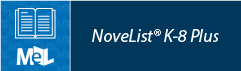 Logo with an open book icon labeled "MeL" and text "NoveList® K-8 Plus" on a blue background.