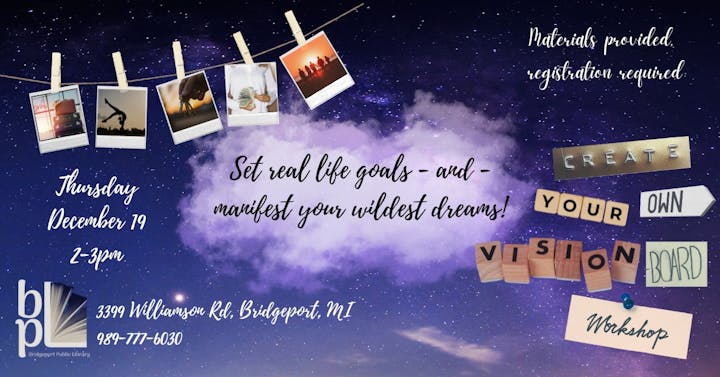 Event for creating vision boards on Dec 19, 2-3 PM at Bridgport Public Library. Registration required, materials provided.
