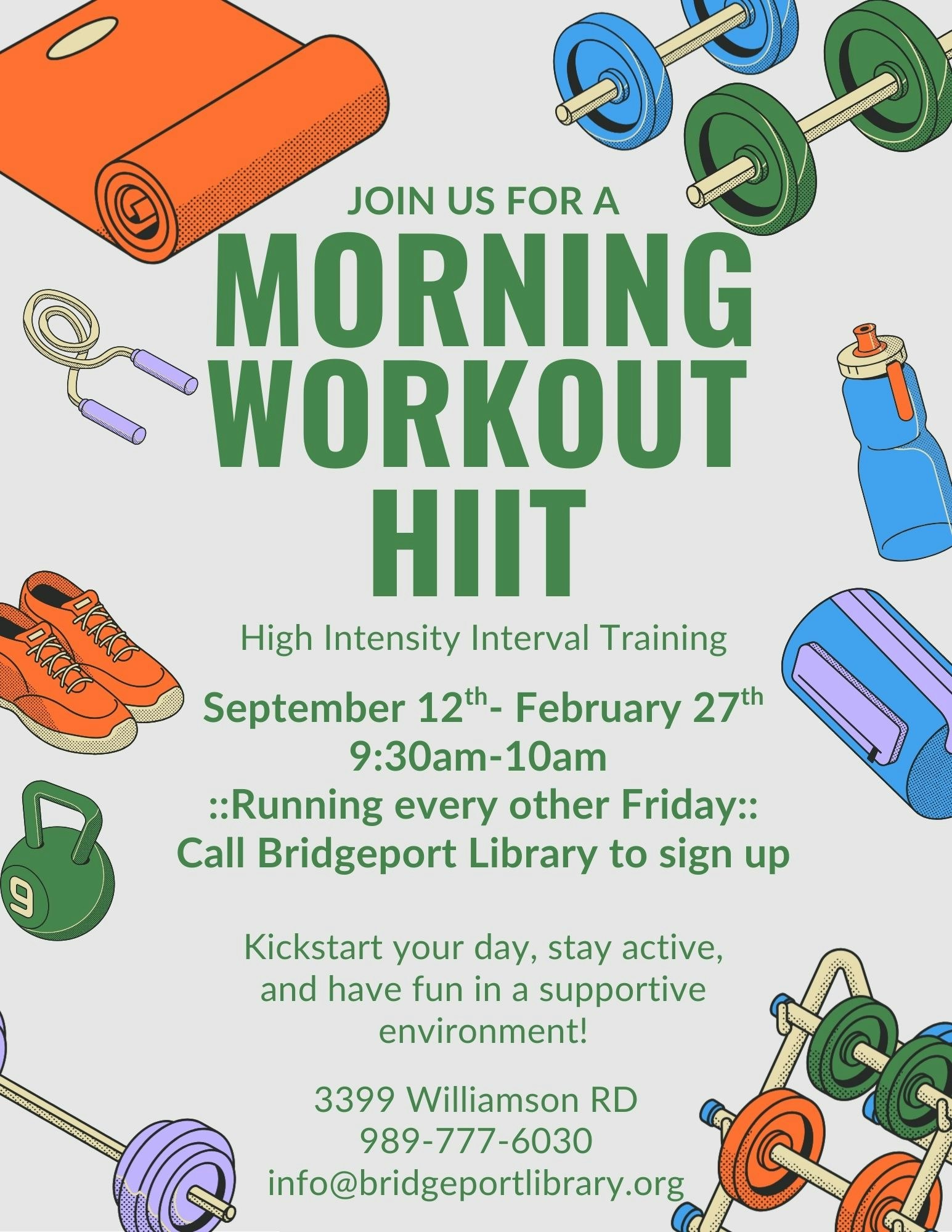 Morning Workout HIIT session info with contact details, happening at Bridgeport Library every alternate Friday.