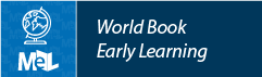 World Book Early Learning logo with a globe and "MeL" icon on a blue background.