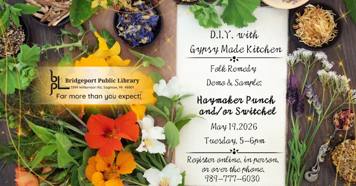 Flyer for a DIY event at Bridgeport Public Library, featuring folk remedies and a demo for Haymaker Punch and/or Switchel.