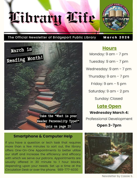 Bridgeport Public Library newsletter, March 2026: Reading Month, hours, tech help, events, and personality quiz info.