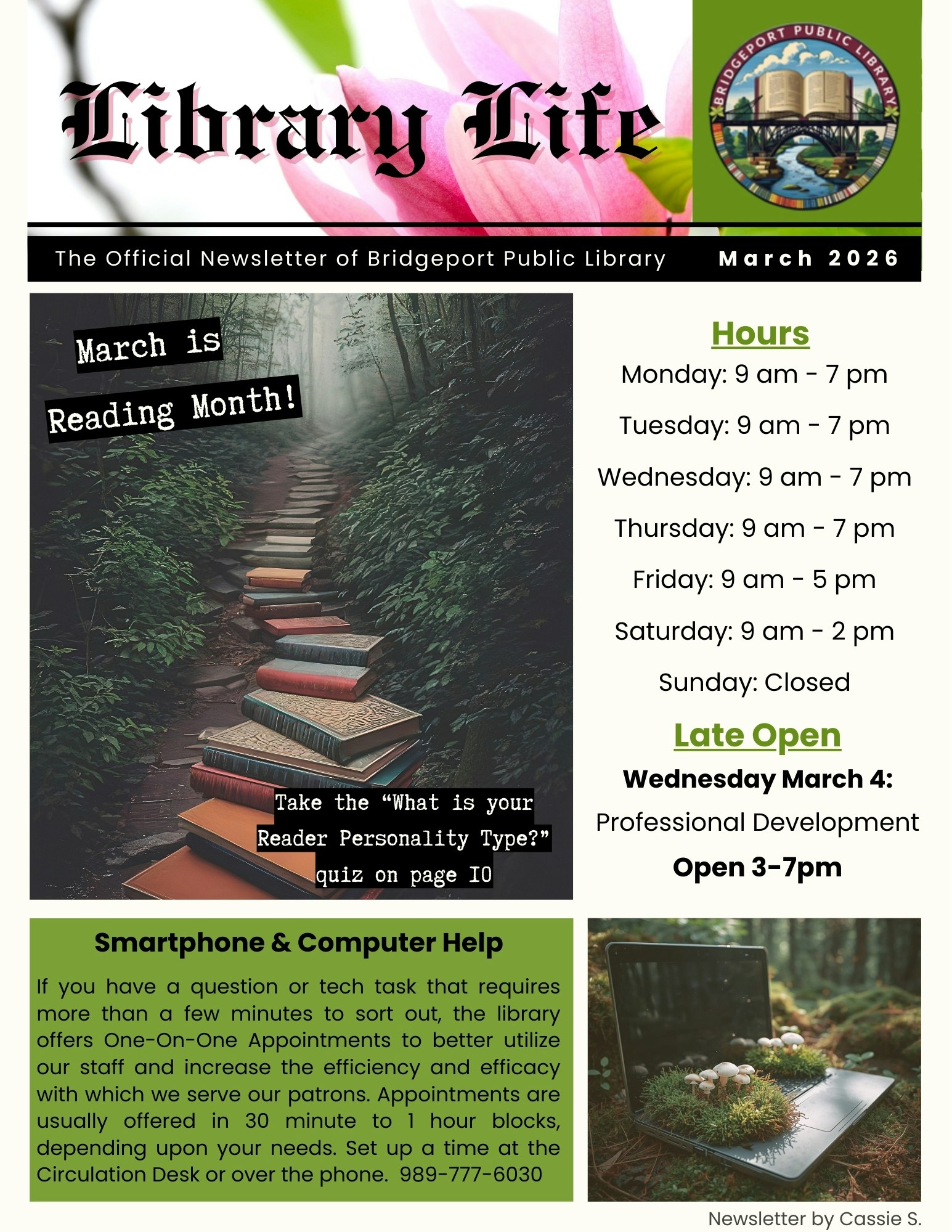 Bridgeport Public Library newsletter, March 2026: Reading Month, hours, tech help, events, and personality quiz info.