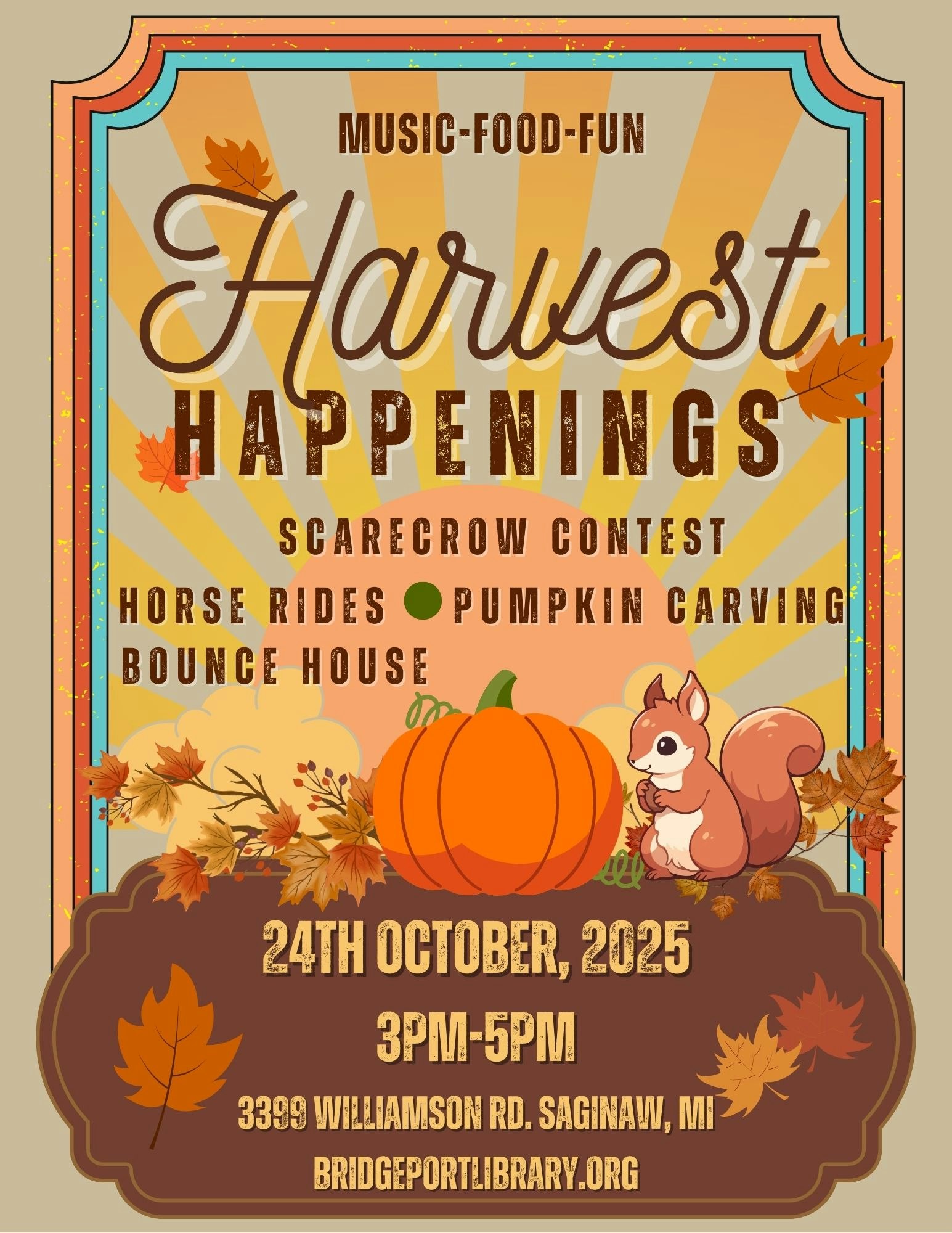 Harvest Happenings event with music, food, scarecrow contest, and more on 24th Oct 2025, 3-5PM, 3399 Williamson Rd, Saginaw, MI.