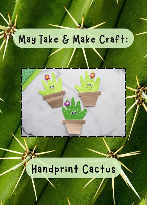 Crafting activity featuring handprint cacti in pots, ideal for kids, with colorful decorations and friendly faces.