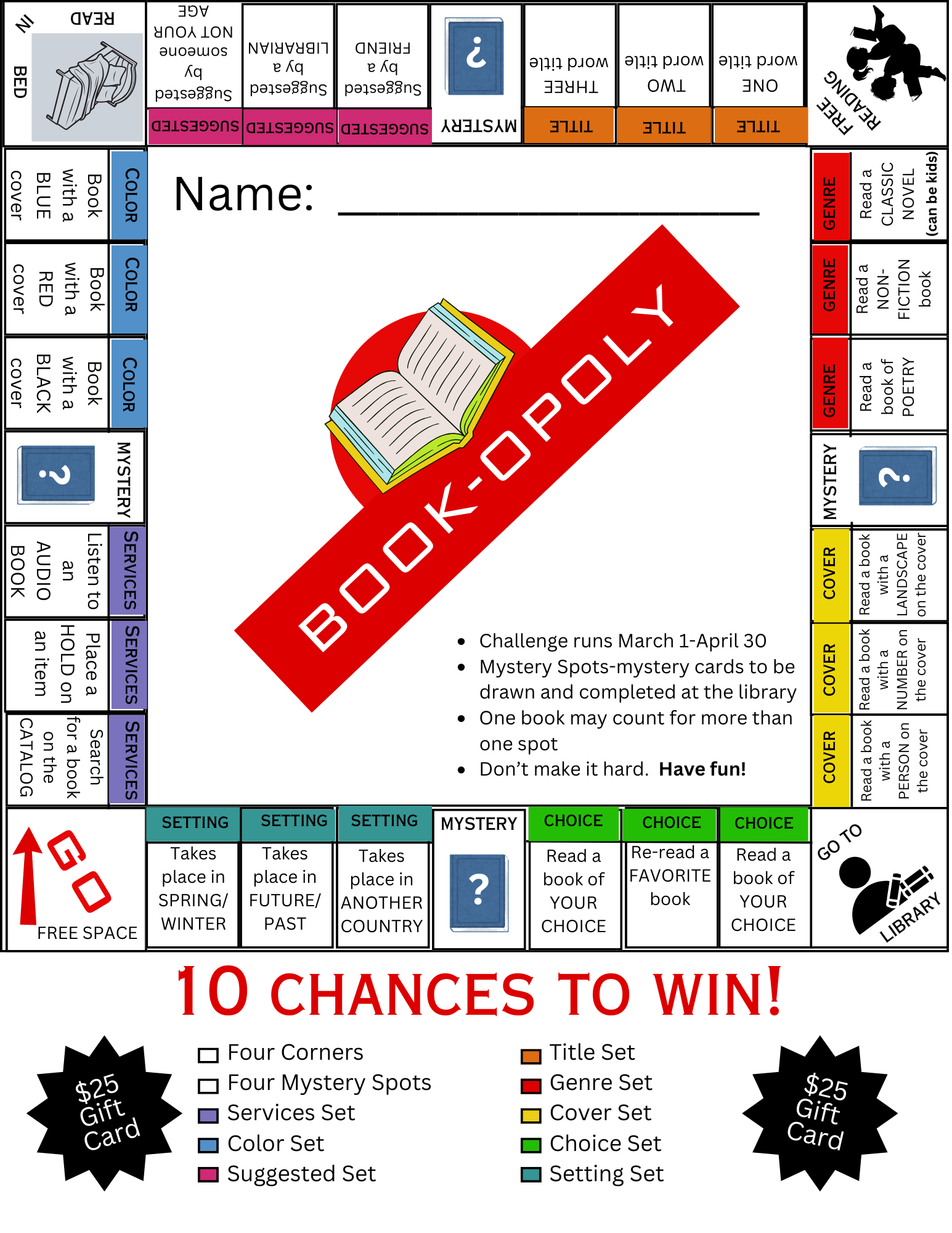 "Book-Opoly" board game with reading challenges, mystery spots, and gift card prizes.