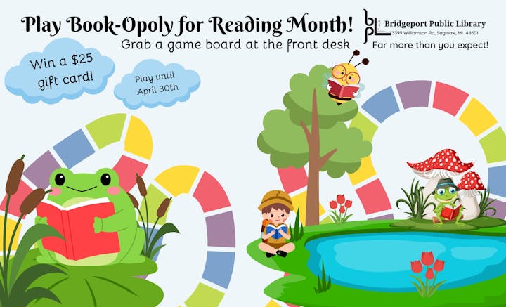Join the Bridgeport Public Library's Book-Opoly for a chance to win a $25 gift card! Play until April 30th!