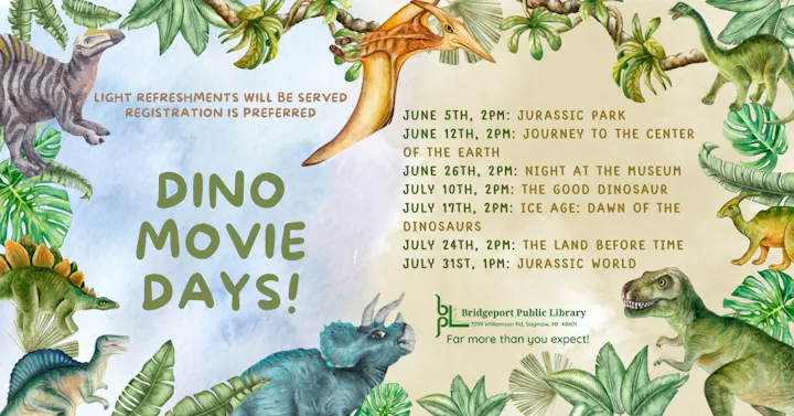The image promotes "Dino Movie Days" at Bridgeport Public Library, listing dates and titles of movies from June to July.