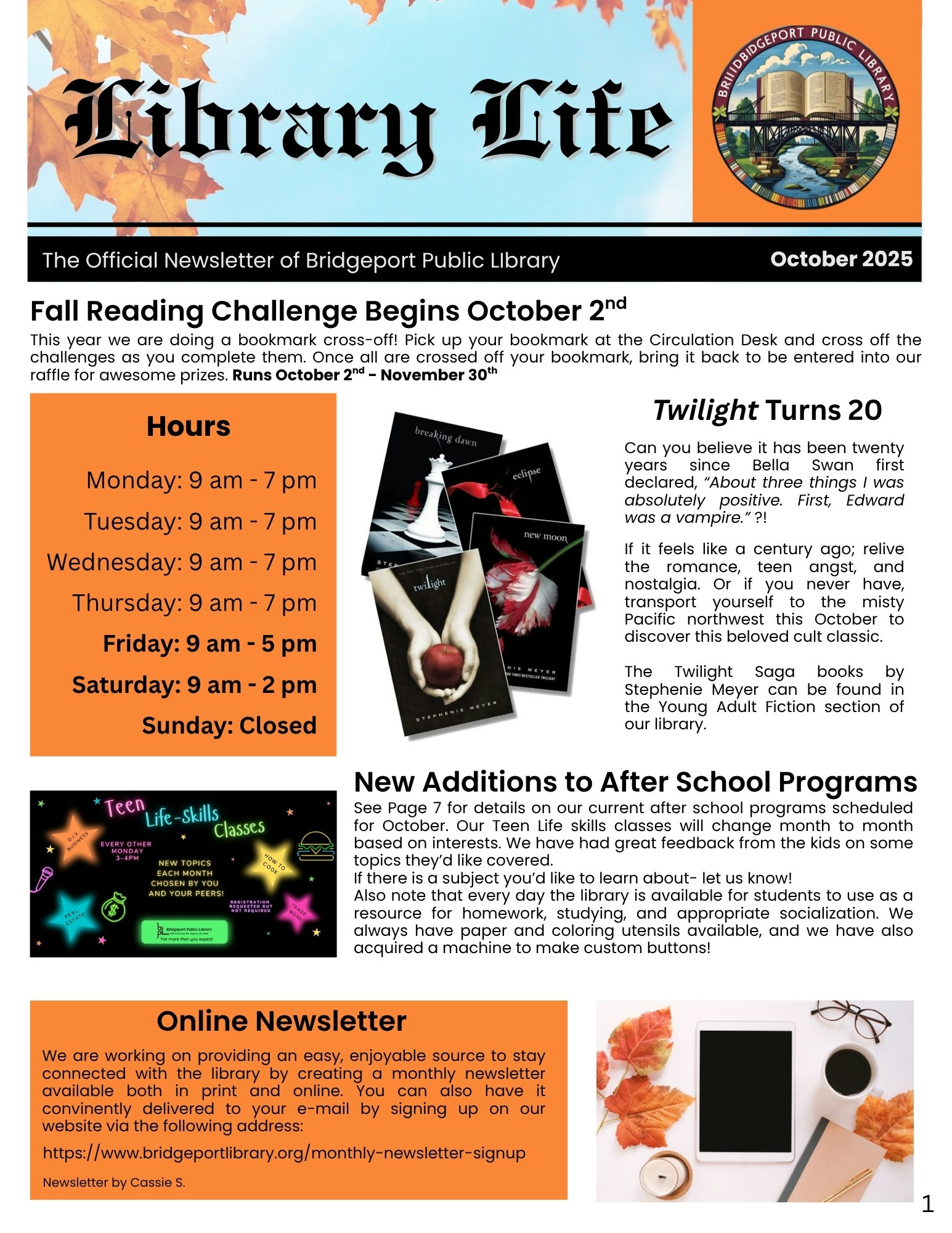 Newsletter for October 2025 from Bridgeport Public Library, featuring reading events, "Twilight" anniversary, and after-school programs.