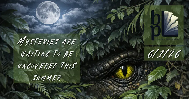 A mysterious summer event at Bridgeport Public Library on 6/1/26, featuring hidden adventures and a dramatic, nature-inspired design.