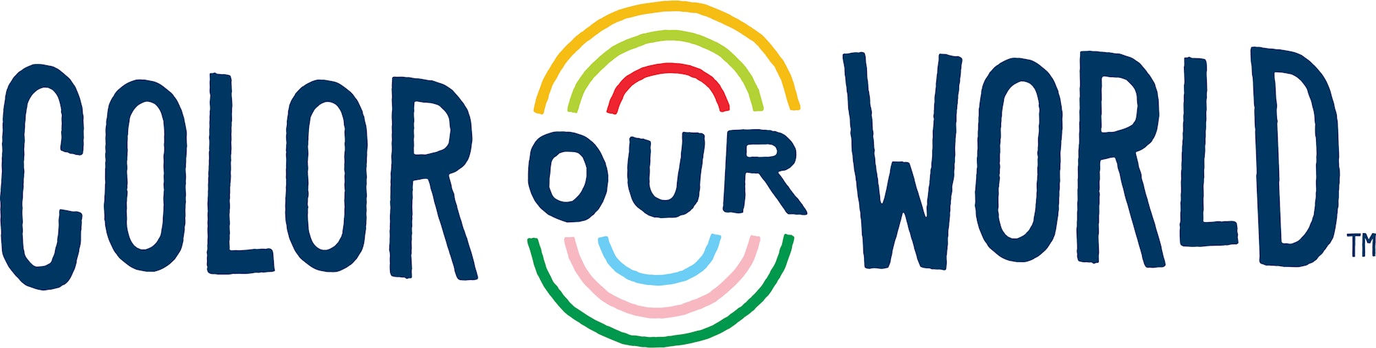 The image shows the phrase "COLOR OUR WORLD" in blue with colored arcs around "OUR."