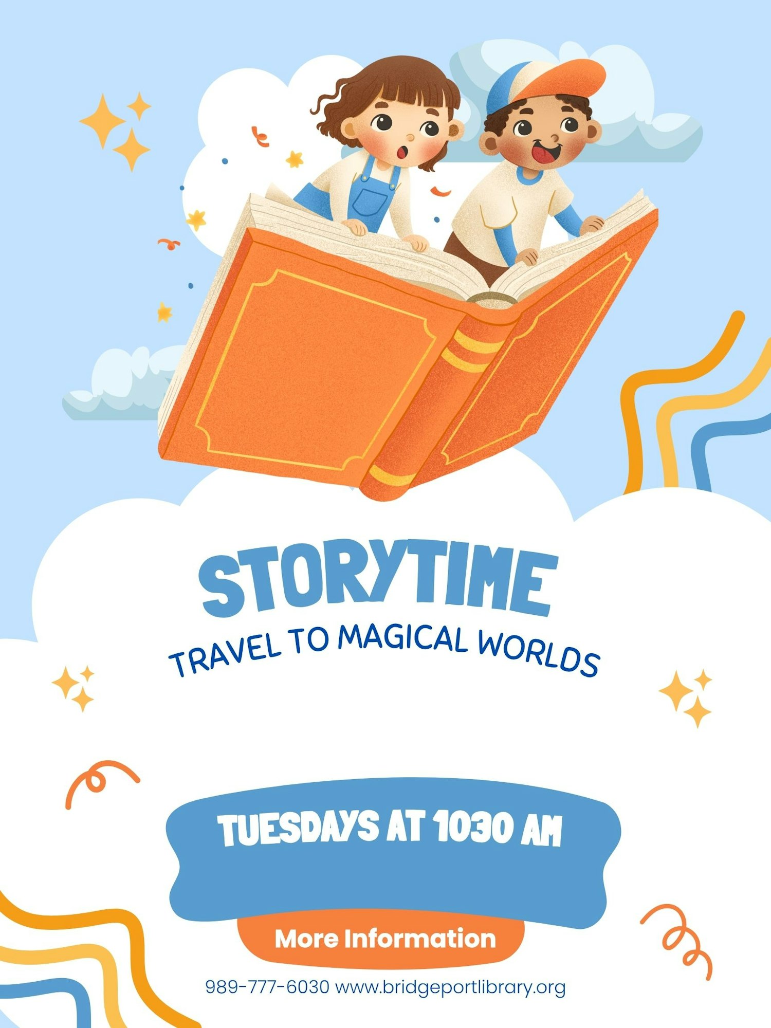 Two kids flying on a book. "Storytime: Travel to Magical Worlds" on Tuesdays at 10:30 AM. Contact info for Bridgeport Library.