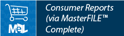 Logo for "Consumer Reports (via MasterFILE™ Complete)" with a shopping cart icon and "MeL" text.