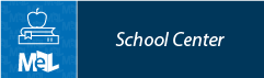 Blue and dark blue banner with "School Center" text and icons of an apple on books and "MeL."