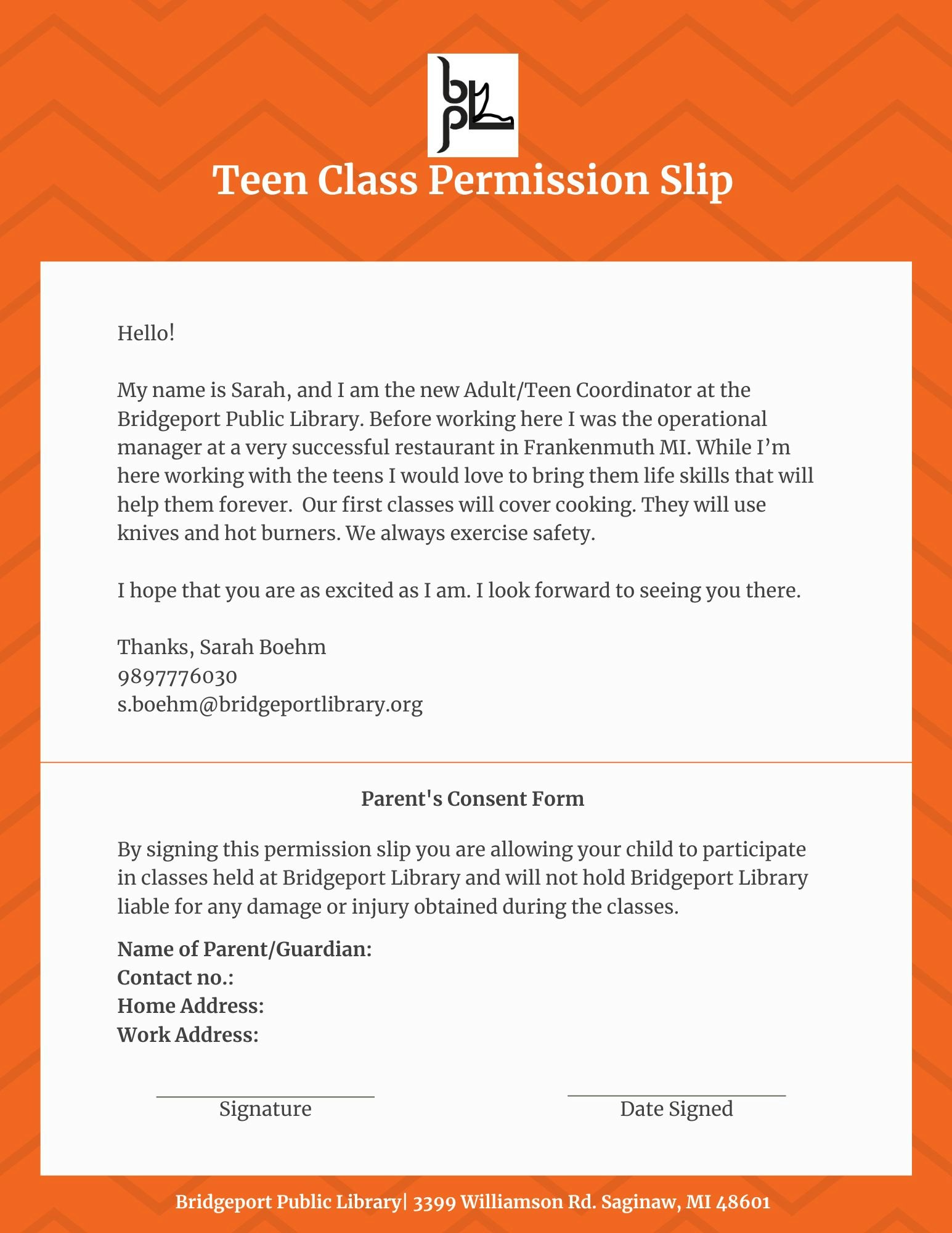 Teen Class Permission Slip from Bridgeport Library for cooking classes, including a parent consent form for participation.