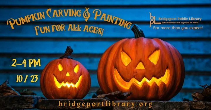 Pumpkin carving and painting event at Bridgeport Public Library on 10/23 from 2-4 PM, fun for all ages!