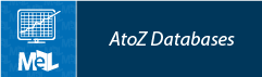 Blue banner with "AtoZ Databases" text and a logo featuring a computer screen and "MeL" letters.