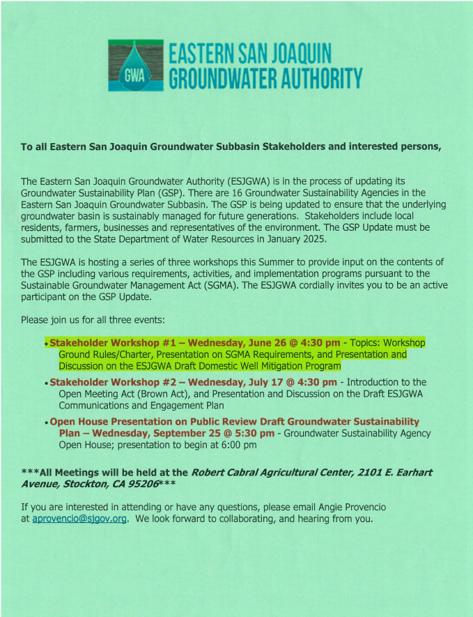 Flyer for Eastern San Joaquin Groundwater Authority workshops on Groundwater Sustainability Plan update.