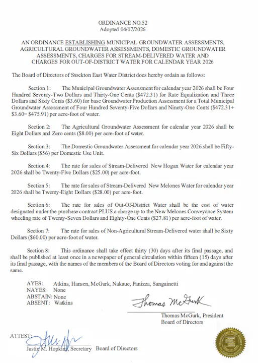 The image is a legal document outlining groundwater assessments and water charges for the Stockton East Water District for 2026.