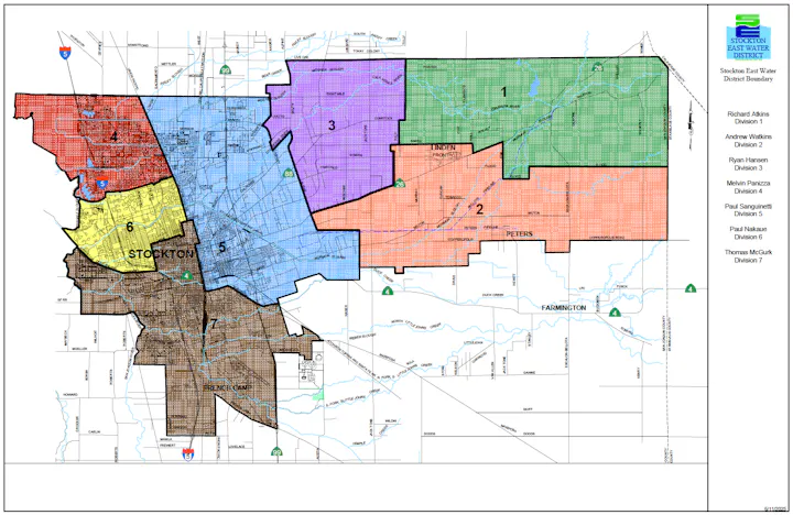 Map of Stockton East Water District with 7 divisions, roads, creeks, and director names listed on the side.