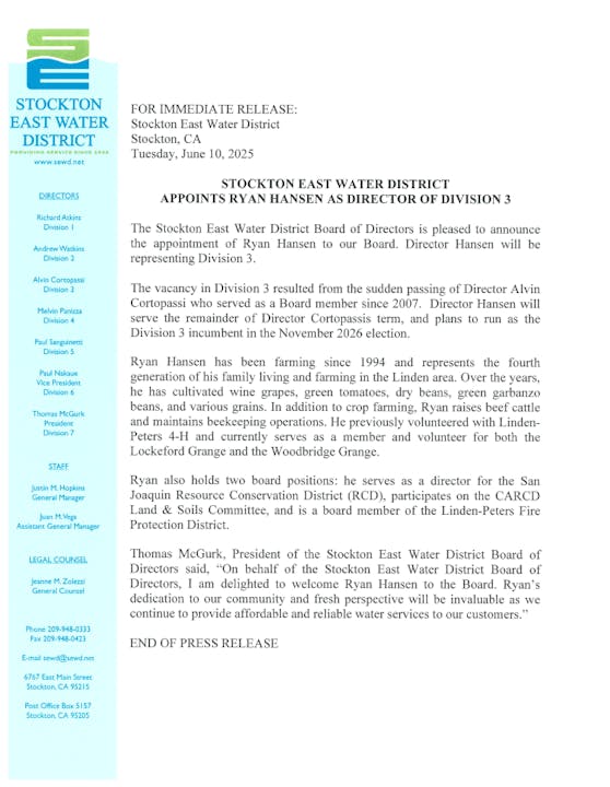 Ryan Hansen appointed Director of Division 3, Stockton East Water District, following Alvin Cortopassi's passing.