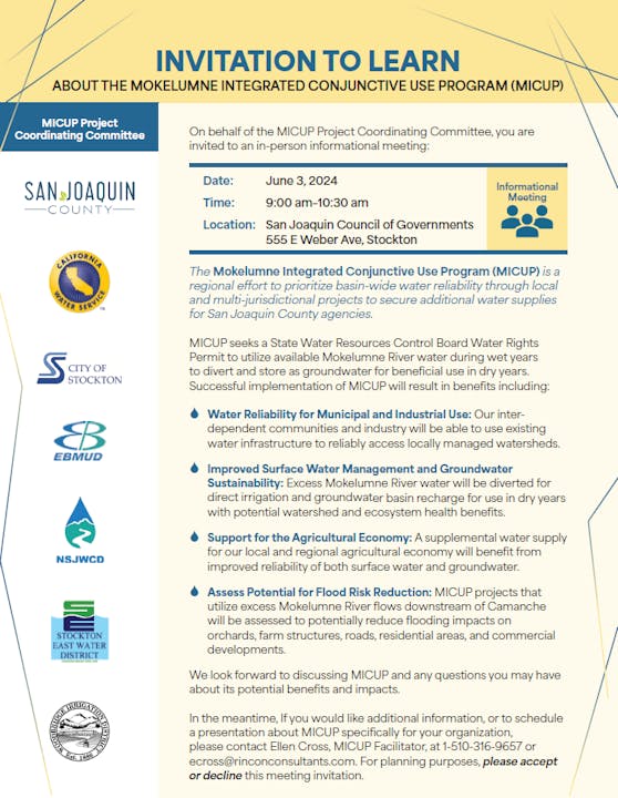An invitation to a water project informational meeting with date, time, location, and details about the project's goals.