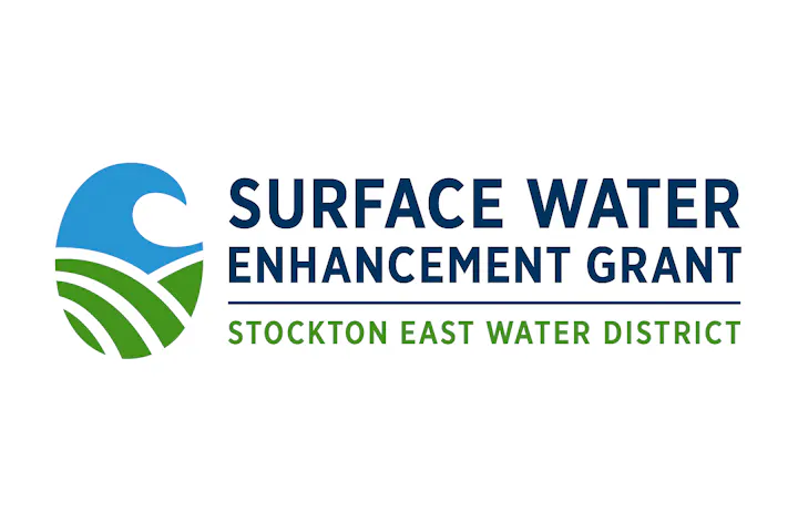 Logo with text: "Surface Water Enhancement Grant, Stockton East Water District" and a water-land graphic.