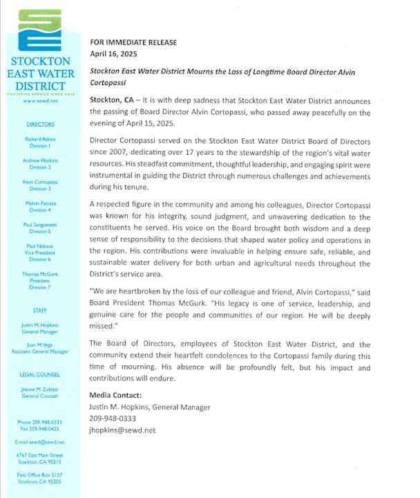 Stockton East Water District announces the passing of Board Director Alvin Cortopassi on April 15, 2025, honoring his legacy and service.