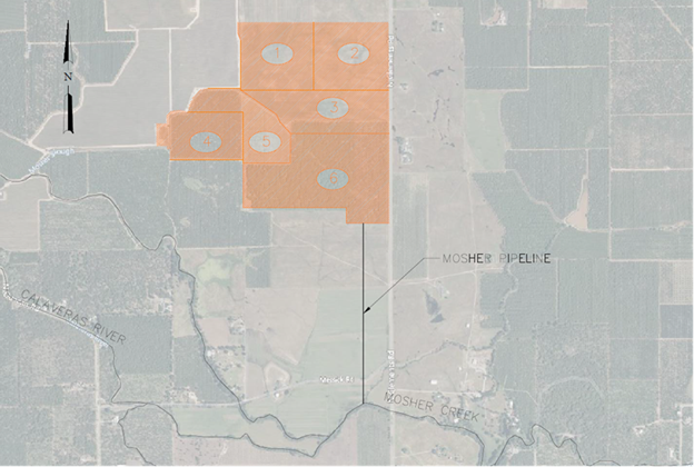 Map of an area showing the Mosher Pipeline, various numbered sectors, Canoe River, and Mosher Creek.