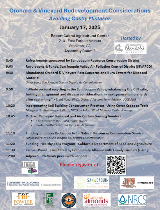 Event flyer for "Orchard & Vineyard Redevelopment Considerations" on Jan 17, 2025, at Robert Cabral Agricultural Center, Stockton, CA.