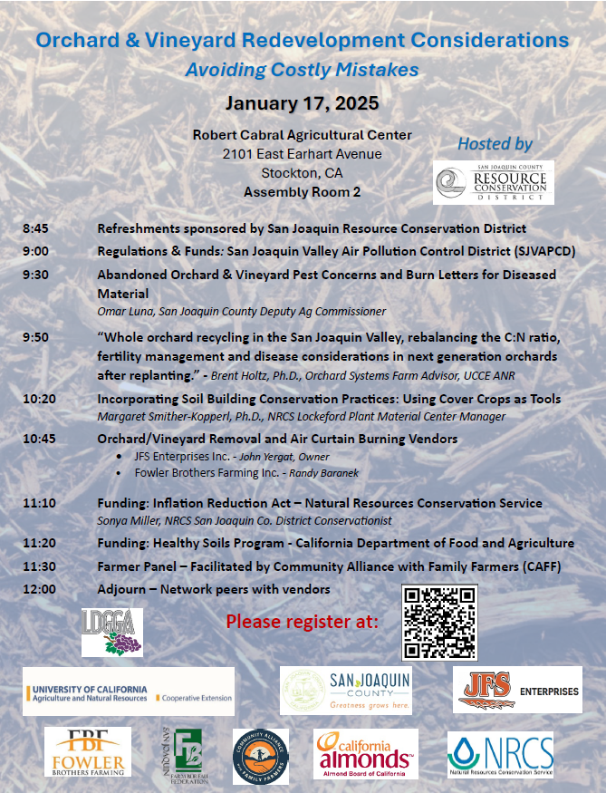 Event flyer for "Orchard & Vineyard Redevelopment Considerations" on Jan 17, 2025, at Robert Cabral Agricultural Center, Stockton, CA.