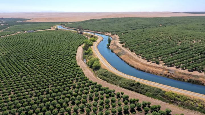 Farmland with green orchards and a winding blue canal under a clear sky.