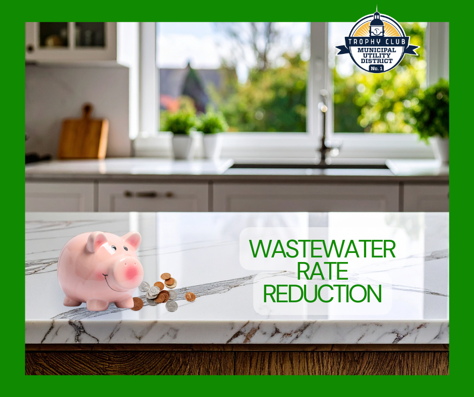 "Wastewater Rate Reduction" featuring a piggy bank and coins on a kitchen countertop.