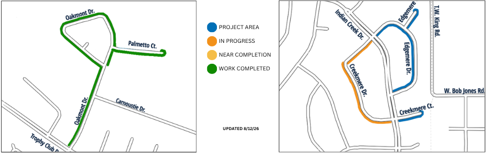 Maps showing streets within the FY26 Water Line Replacement Project. Streets completed: Palmetto Ct, Oakmont Dr. Streets in progress: Creekmere Dr. Upcoming streets: Creekmere Ct, Edgemere Dr, Edgemere Ct.