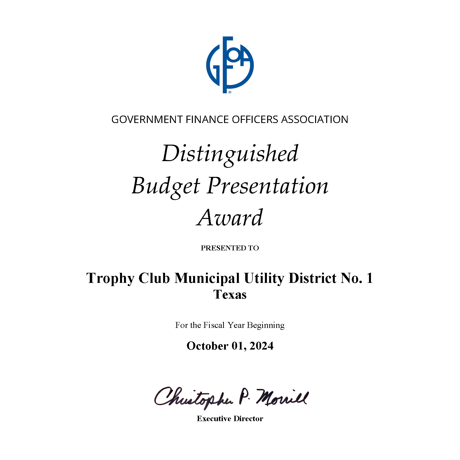 Distinguished Budget Presentation Award from GFOA given to Trophy Club Municipal Utility District No. 1, Texas, for 2024.