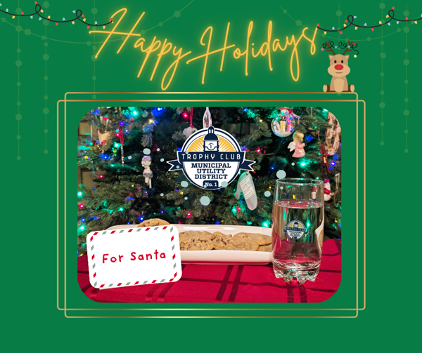 Happy Holidays. A plate of cookies and a glass of water labeled "For Santa," set against a decorated Christmas tree.