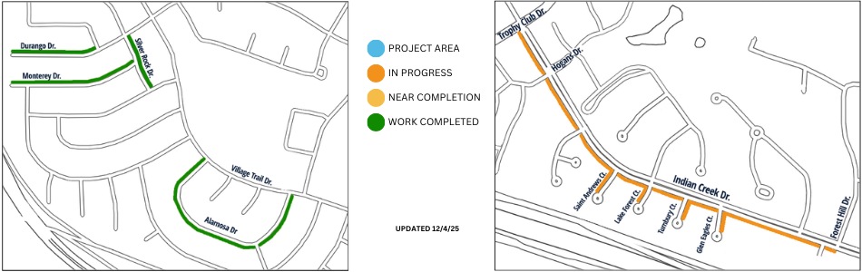 Map showing completed streets: Alamosa, Silver Rock, Durango, Monterey. Second map showing streets in progress: Indian Creek Dr, Saint Andrews Ct, Lake Forest Ct, Turnbury Ct, Glen Eagles Ct.