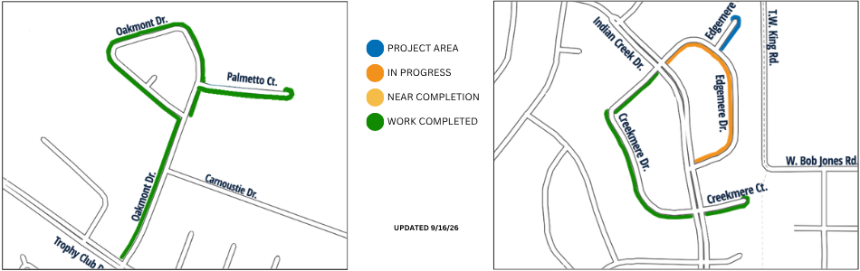 Maps showing streets within the FY26 Water Line Replacement Project. Streets completed: Palmetto Ct, Oakmont Dr, Creekmere Dr. Streets in progress: Creekmere Ct, Edgemere Dr. Upcoming streets: Edgemere Ct.