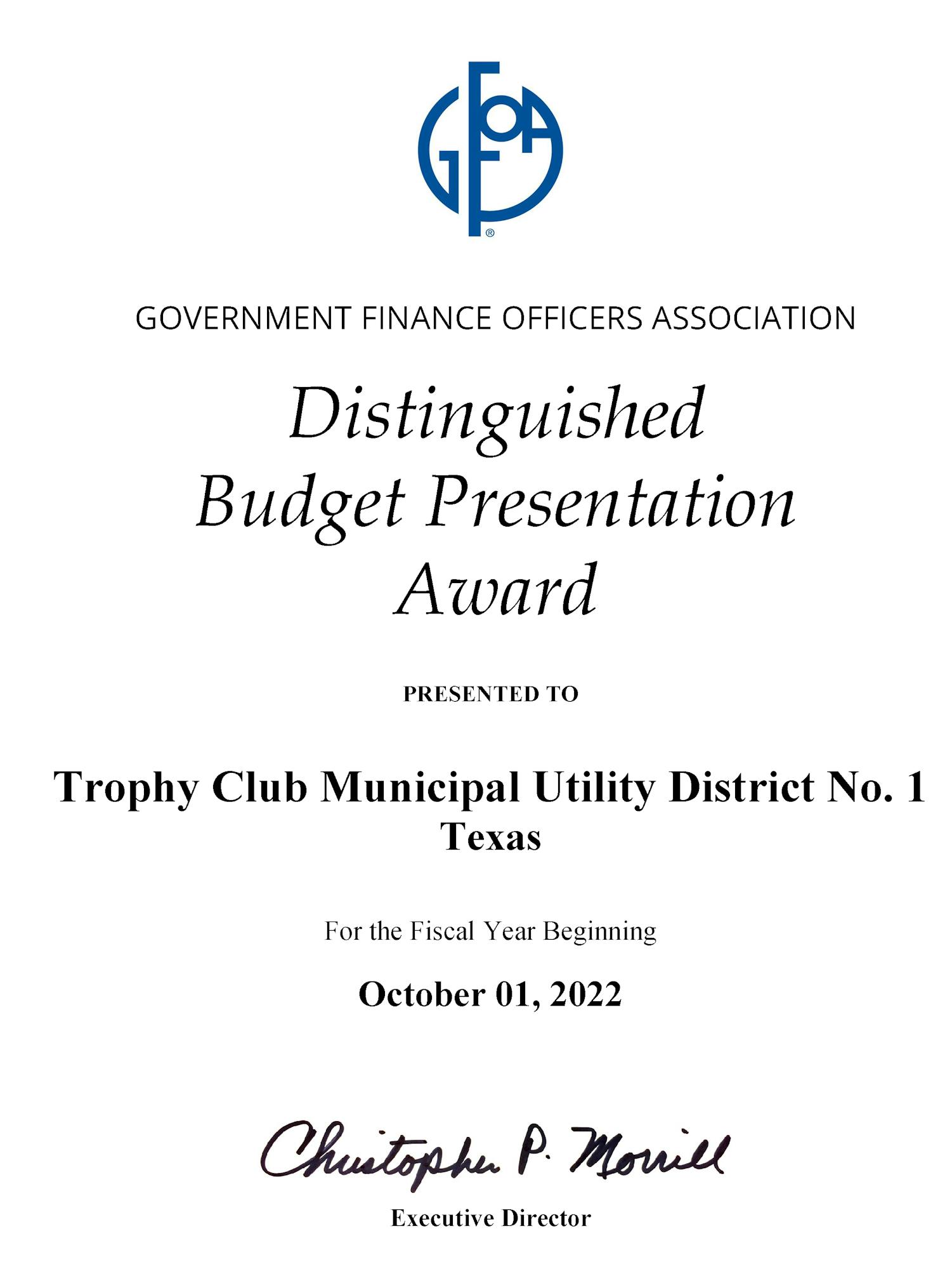 Award certificate for Distinguished Budget Presentation to Trophy Club Municipal Utility District No. 1, Texas, starting October 1, 2022.
