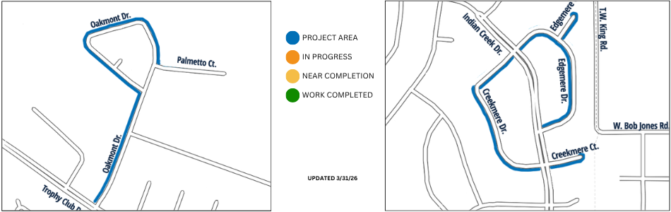Maps showing streets within the FY26 Water Line Replacement Project. Affected streets: Oakmont Dr, Creekmere Dr, Creekmere Ct, Edgemere Dr, Edgemere Ct