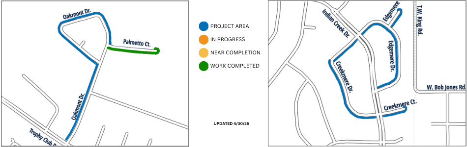 Maps showing streets within the FY26 Water Line Replacement Project. Affected streets: Oakmont Dr, Creekmere Dr, Creekmere Ct, Edgemere Dr, Edgemere Ct