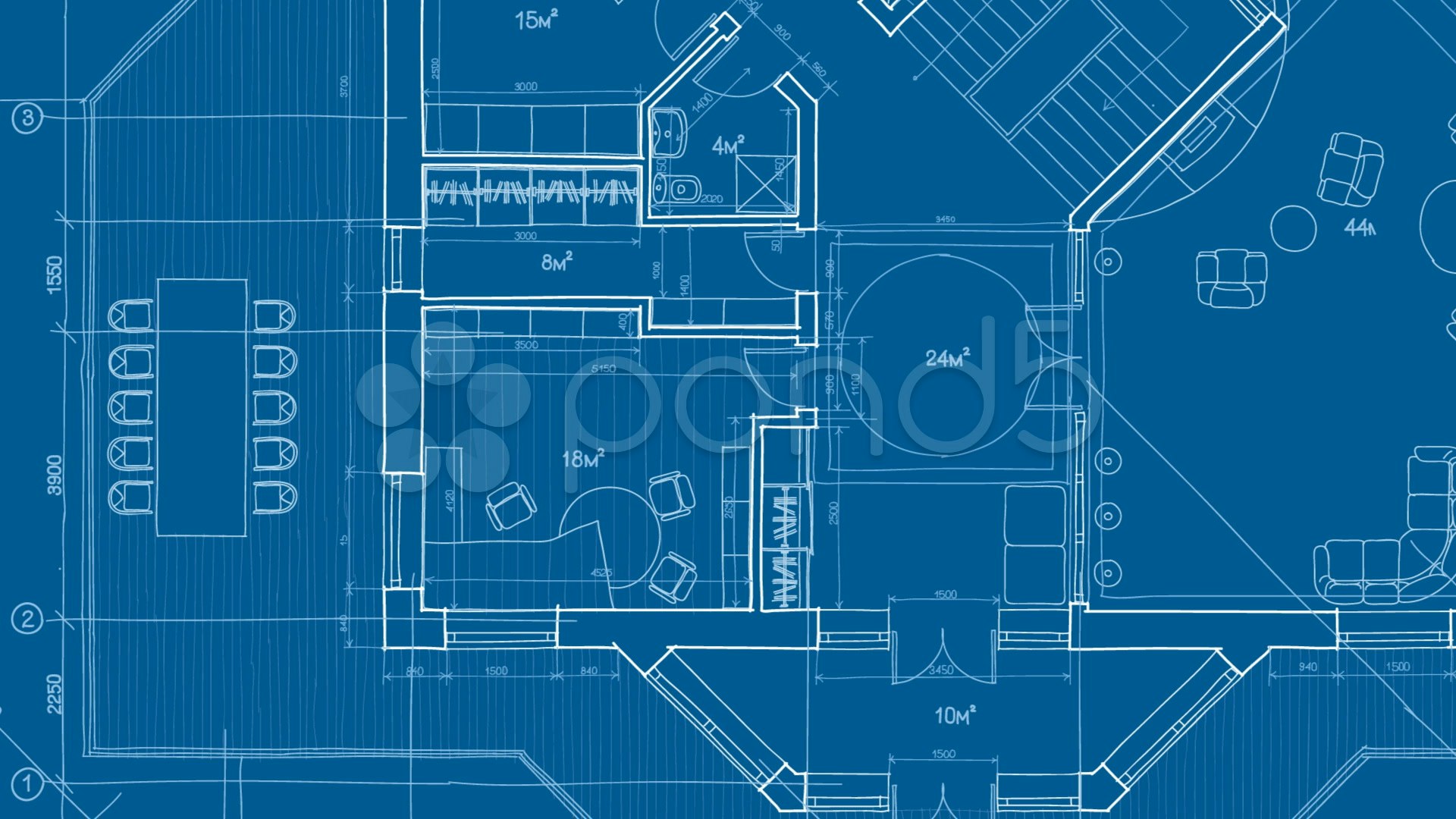 Blueprint of a building interior with labeled room measurements and furniture arrangements.